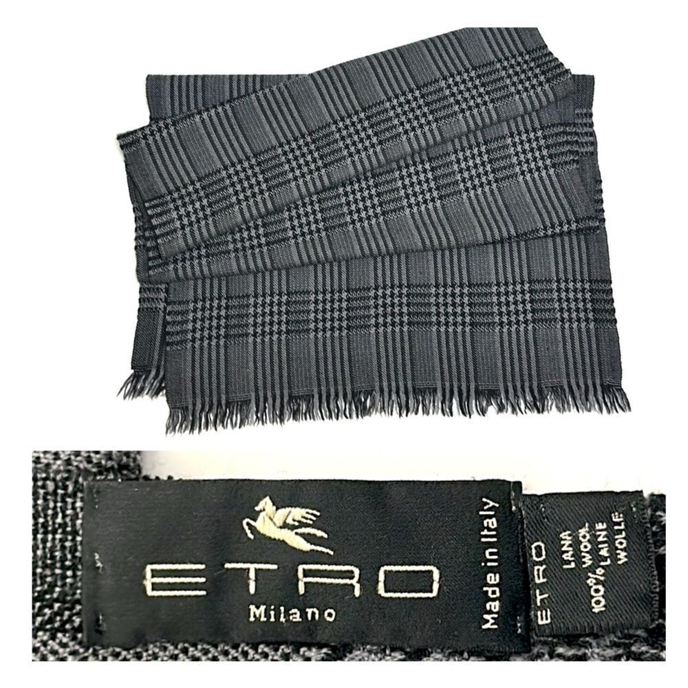 ETRO Milano Wool Oblong Scarf Gray Glen Plaid Men’s Women’s 18x72”